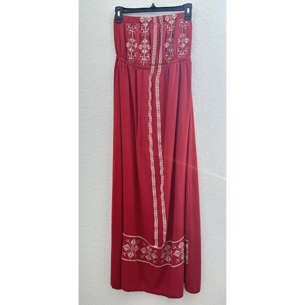 Papaya Strapless Maxi Dress‎ Size M Crimson Red Embroidered Boho Charm Peasant